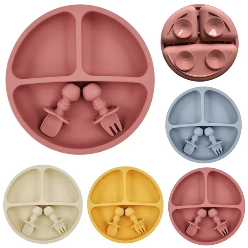 Plate Suction Toddler - Peralatan makan bayi silikon, 3 buah